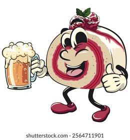 raspberry roll cake cute cartoon isolated vector illustration character mascot lift a big glass of beer, work of hand drawn