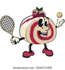 raspberry roll cake cute cartoon isolated vector illustration character mascot playing tennis, work of hand drawn