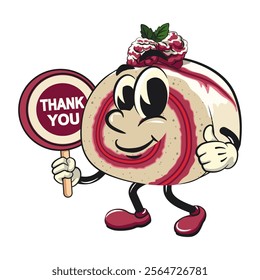 raspberry roll cake cute cartoon isolated vector illustration character mascot say thank you, work of hand drawn