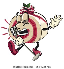 raspberry roll cake cute cartoon isolated vector illustration character mascot sing earnestly with maximum style, work of hand drawn