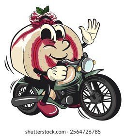 raspberry roll cake cute cartoon isolated vector illustration character mascot riding a big motorcycle, work of hand drawn