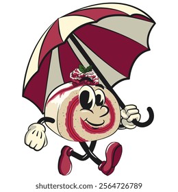 raspberry roll cake cute cartoon isolated vector illustration character mascot walking with an umbrella, work of hand drawn