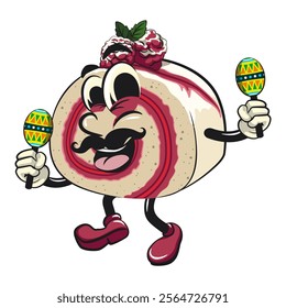 raspberry roll cake cute cartoon isolated vector illustration character mascot with moustache playing maracas, work of hand drawn