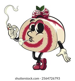 raspberry roll cake cute cartoon isolated vector illustration character mascot smoke calmly, work of hand drawn