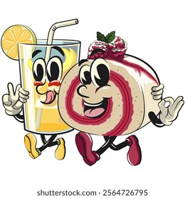 raspberry roll cake cute cartoon isolated vector illustration character mascot walk with a glass juice ice character while giving a peace and giving an ok sign, work of hand drawn