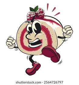 raspberry roll cake cute cartoon isolated vector illustration character mascot enthusiastically jumping and kicking, work of hand drawn