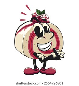 raspberry roll cake cute cartoon isolated vector illustration character mascot big smile while folding arms, work of hand drawn