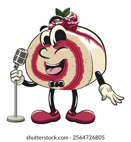 raspberry roll cake cute cartoon isolated vector illustration character mascot on front of the mic become a stand up comedian, work of hand drawn