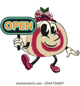 raspberry roll cake cute cartoon isolated vector illustration character mascot showing a sign that says open, work of hand drawn