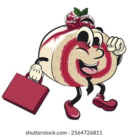 raspberry roll cake cute cartoon isolated vector illustration character mascot wearing a tie and carrying a suitcase rushing to the office, work of hand drawn