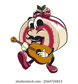 raspberry roll cake cute cartoon isolated vector illustration character mascot moustache playing guitar, work of hand drawn