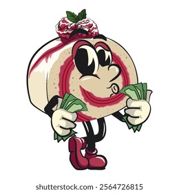 raspberry roll cake cute cartoon isolated vector illustration character mascot carrying money while whistling, work of hand drawn