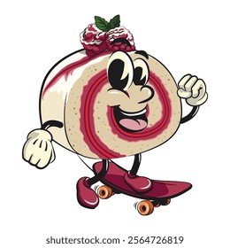 raspberry roll cake cute cartoon isolated vector illustration character mascot playing skateboard, work of hand drawn