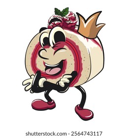 raspberry roll cake cute cartoon isolated vector illustration character mascot crowned like a king while folding his arms calmly, work of hand drawn