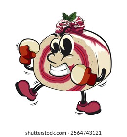 raspberry roll cake cute cartoon isolated vector illustration character mascot practicing boxing wearing boxing glove, work of hand drawn