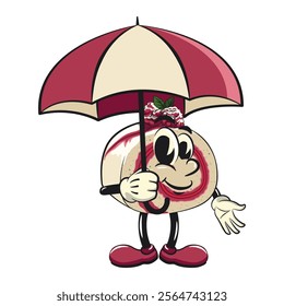 raspberry roll cake cute cartoon isolated vector illustration character mascot with an umbrella, work of hand drawn