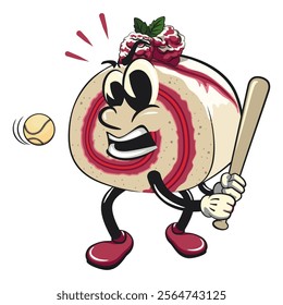 raspberry roll cake cute cartoon isolated vector illustration character mascot playing baseball ready to hit the ball with the bat, work of hand drawn