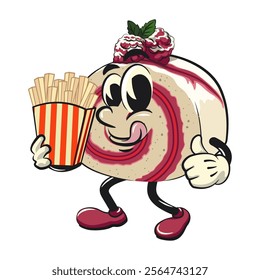 raspberry roll cake cute cartoon isolated vector illustration character mascot brought a box of french fries, work of hand drawn