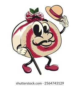 raspberry roll cake cute cartoon isolated vector illustration character mascot walk with a stick and saluting with raised hat, work of hand drawn