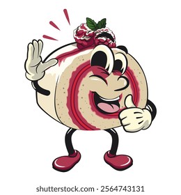 raspberry roll cake cute cartoon isolated vector illustration character mascot wave your hand and give a thumbs up sign, work of hand drawn