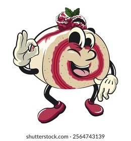 raspberry roll cake cute cartoon isolated vector illustration character mascot dancing while giving the okay sign, work of hand drawn