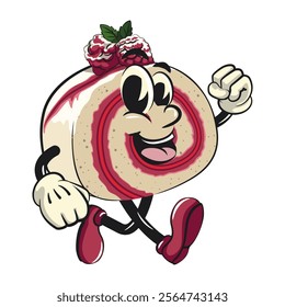 raspberry roll cake cute cartoon isolated vector illustration character mascot walking, work of hand drawn