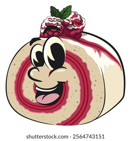 raspberry roll cake cute cartoon isolated vector illustration character mascot, work of hand drawn