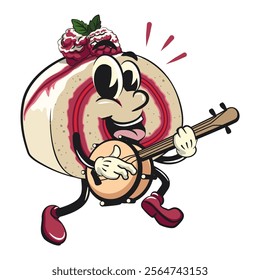 raspberry roll cake cute cartoon isolated vector illustration character mascot playing the banjo musical instrument, work of hand drawn