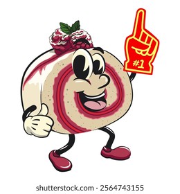 raspberry roll cake cute cartoon isolated vector illustration character mascot raise foam finger, work of hand drawn