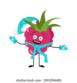 Raspberry Santa character with happy emotion, joyful face, smile eyes, arms and legs with scarf and mittens. Fruit person with expression, food for Christmas and New year
