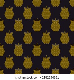 Raspberry seamless pattern in art deco style. Blackberry icon in style of the 1920s-1930s. Linear icon wild berries in golden color. Vintage design for print on fabric, wallpaper. Vector illustration