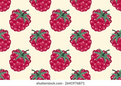 Raspberry Seamless pattern. Berries background. Fruit pattern. Whole Ripe red raspberry with green leaf. Repeatable texture with fresh juicy vitamin. Vector illustration for wallpaper, textile, print