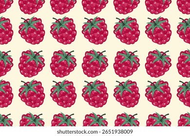 Raspberry Seamless pattern. Berries background. Fruit pattern. Whole Ripe red raspberry with green leaf. Repeatable texture with fresh juicy vitamin. Vector illustration for wallpaper, textile, print