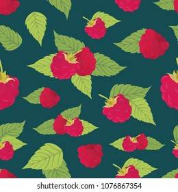 Raspberry seamless pattern with berris and leaves