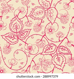 Raspberry seamless pattern. Elegant summer vector background for textiles, pillow & interior decoration, web page background, wrapping paper, cosmetics, food & drink package decoration. Editable