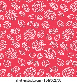 Raspberry seamless pattern. Hand drawn fresh berry. Vector sketch background. Doodle wallpaper. Red and white line print