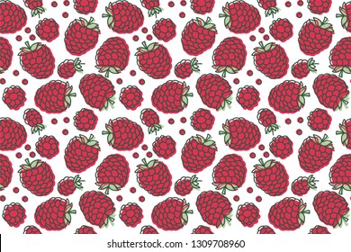 Raspberry seamless pattern. Hand drawn fresh berry. Vector sketch background. Doodle wallpaper. Red and green print