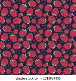 Raspberry seamless pattern. Hand drawn fresh berry. Vector sketch background. Doodle wallpaper. Red, dark blue and green print