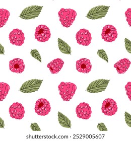 Raspberry seamless pattern. Hand drawn berries and leaves on white. Fresh organic food. Fruit print design for fabric or wrapping paper. Vector illustration.