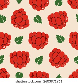 Raspberry seamless pattern. Print with raspberry fruit with green leaves, fresh ripe berry natural sweet ingredient for jam, juice, dessert. Vector raspberries texture.