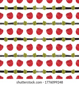 Raspberry seamless pattern. Red Berry Digital Paper, Scrapbook Paper. Razz and Leaves Drawing. Background design for sweets and pastries filled with raspberry, dessert menu, health care products.