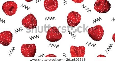 Raspberry seamless pattern. Red raspberries graphic background. Raspberry vector design for fabric, paper, wallpaper, cover, decoration, wrapping, other use. Fruit vector illustration