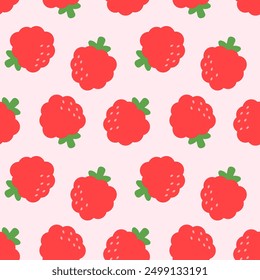 Raspberry nahtloses Muster einfache Illustration, Vektorisolierung auf weißem Hintergrund. Für Babynahrung Verpackung, Banner, Verpackung, Karte, Kleidung, Grußkarte, Einladung