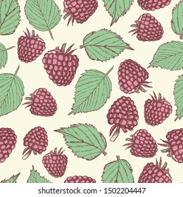 Raspberry seamless pattern. Sketch black berries and leaves on white background. Vintage style vector illustration for textile, scrapbooking, clothing design