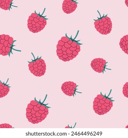 Raspberry seamless pattern. Trendy summer background. Vector illustration in hand drawn flat style. Vector print for fabric or wallpaper.