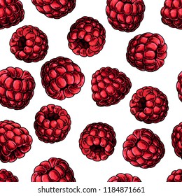 Raspberry seamless pattern. Vector drawing. Isolated berry sketch on white background. Summer fruit. Detailed hand drawn vegetarian food. Great for packaging design, tea or juice label, print