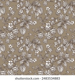 Raspberry seamless pattern. Vector drawing. Isolated sketch of berries and leaves in engraving style. Detailed line sketch, hand drawn. The background for packaging design, labels.