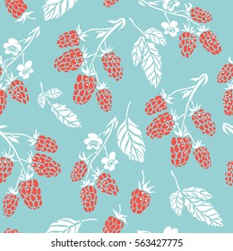 Raspberry. Seamless pattern. Vector floral texture with forest berries. Hand drawn illustration with plants.