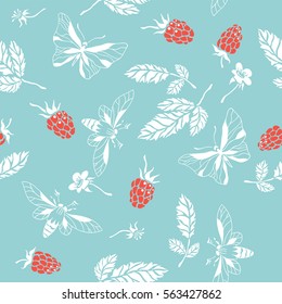 Raspberry. Seamless pattern. Vector floral texture with forest berries. Hand drawn illustration with plants and butterflies.