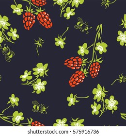 Raspberry. Seamless pattern. Vector floral texture with forest berries. Hand drawn illustration with plants and bee.